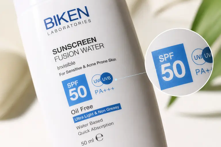 نمای نزدیک بسته‌بندی و SPF ضد آفتاب بیکن